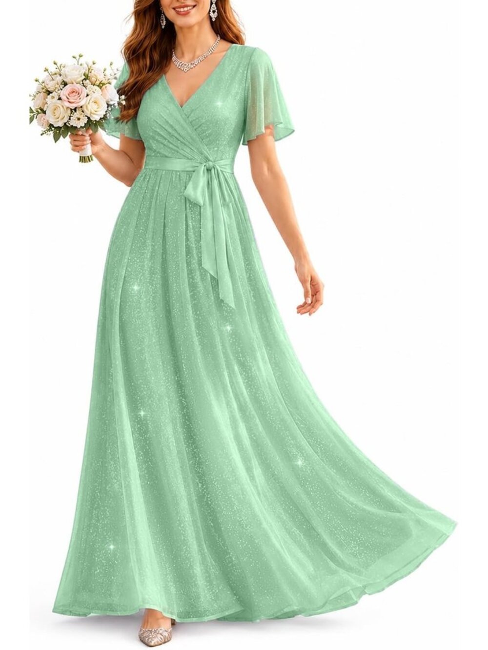 Women's Sage Green Sparkly Sequin Fabric  Sparkly Formal Gown Gala Long Dress